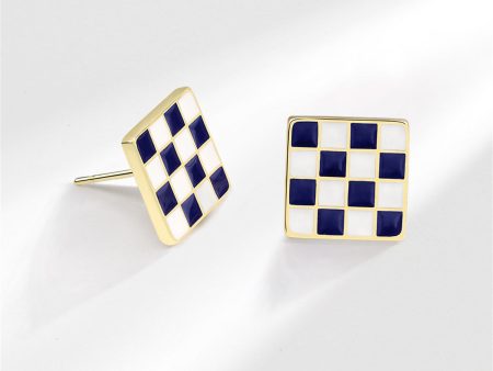 Blue Enamel & 18K Gold-Plated Plaid Square Stud Earrings For Cheap