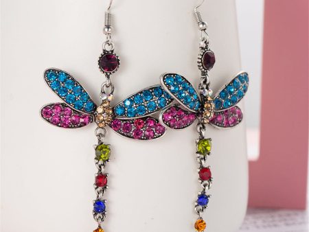 Blue & Pink Crystal & Silver-Plated Dragonfly Drop Earrings Supply