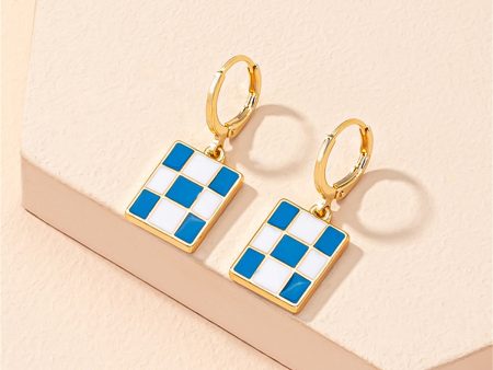 Blue & White Checkerboard Square Drop Huggie Earrings Fashion