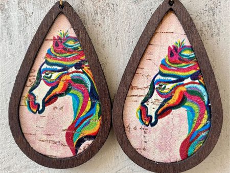 Brown & Pink Wood Rainbow Horse Teardrop Earrings Discount