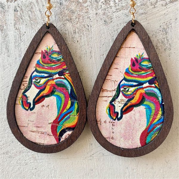 Brown & Pink Wood Rainbow Horse Teardrop Earrings Discount