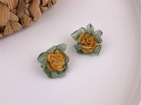 Yellow & Green Chiffon Flower Stud Earrings Online now