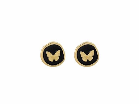 Black Enamel & 18K Gold-Plated Butterfly Round Stud Earrings Fashion