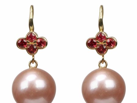 Small Red Sapphire and Pink Pearl Clover Earrings Fashion