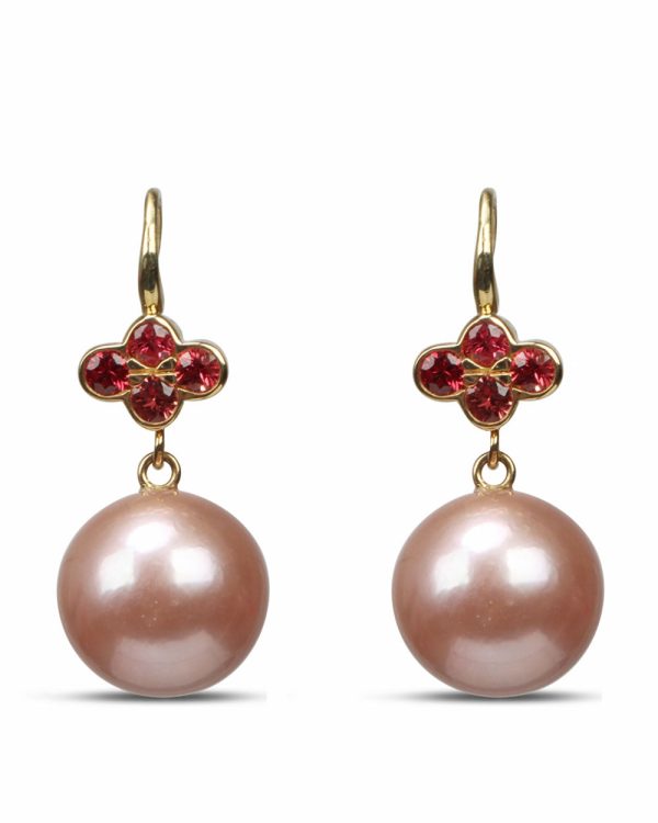 Small Red Sapphire and Pink Pearl Clover Earrings Fashion