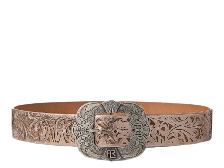 Tooled-Buckle Calfskin Leather Belt in Bronze Discount