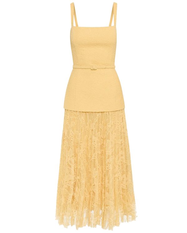 Banana Tweed and Lace Square Neck Midi Dress For Cheap