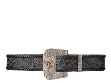 Tooled-Buckle Suede and Calfskin Belt in Black For Cheap