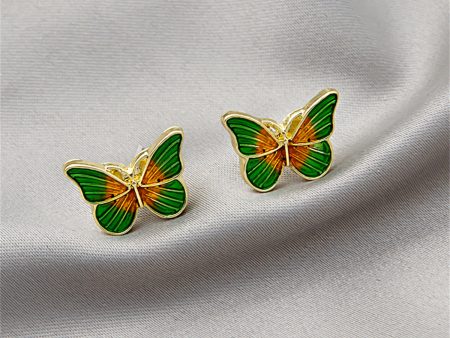 Green Enamel & 18K Gold-Plated Butterfly Stud Earrings For Cheap