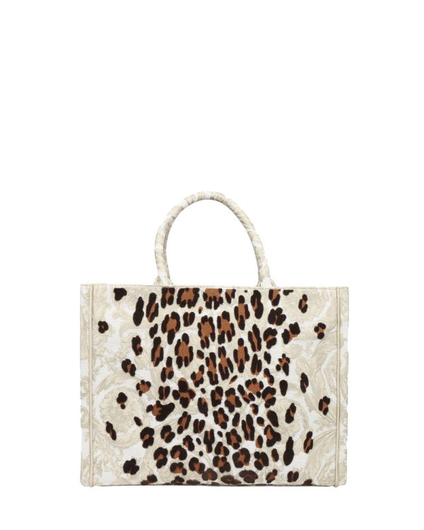 Large Athena Embroidery Jacquard Leopard Tote in Gold Online now