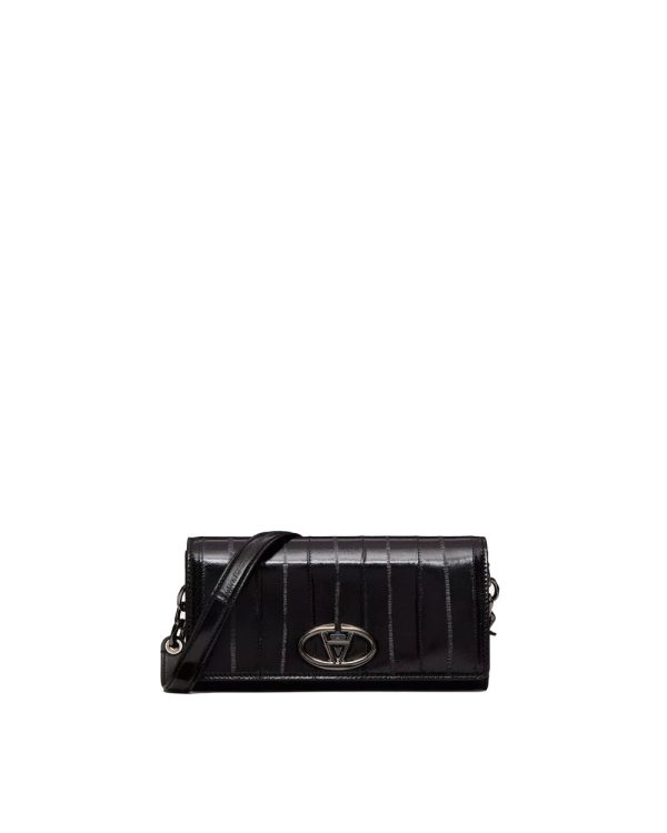 Bold VLogo Textured Leather Wallet with Shoulder Strap in Nero Online Hot Sale