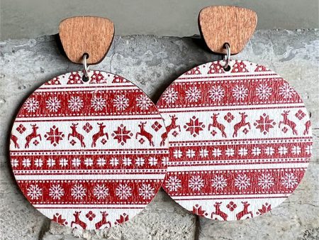 Red & White Fair Isle Wood Ornament Drop Earrings For Cheap