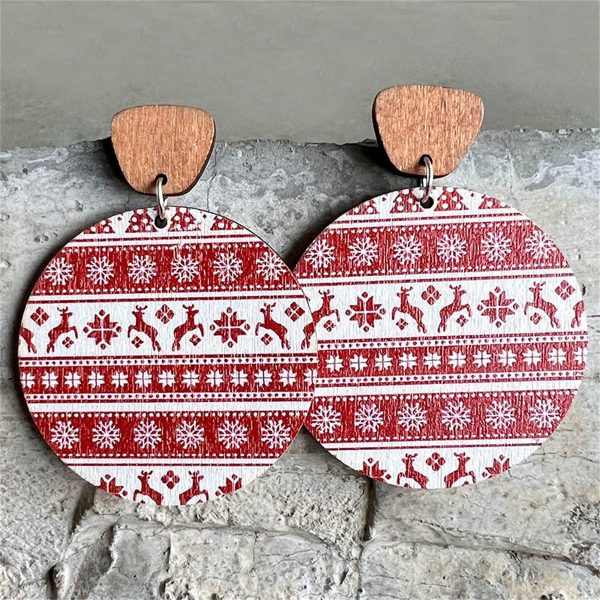 Red & White Fair Isle Wood Ornament Drop Earrings For Cheap