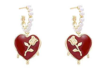 Wine Red & Pearl Rose Heart Huggie Earring For Discount