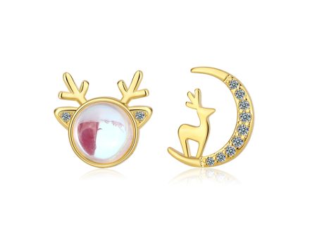 Moonstone & 18K Gold-Plated Deer & Moon Mismatched Stud Earrings Online Sale