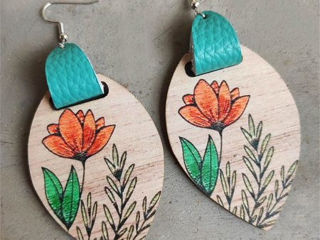 Brown Wood & Silver-Plated Floral Drop Earrings For Sale