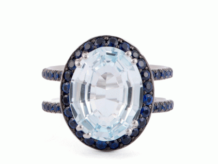 Aquamarine and Sapphire Double Shank Ring For Sale