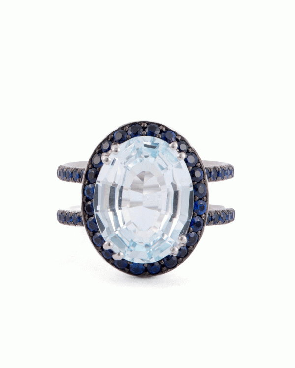 Aquamarine and Sapphire Double Shank Ring For Sale