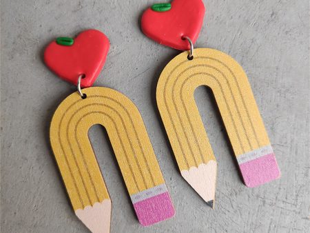 Yellow Wood & Silver-Plated Heart Pencil Drop Earrings on Sale