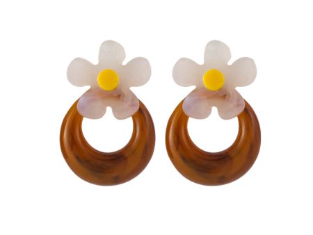 Brown & White Acrylic Floral Hoop Stud Earrings Online Sale