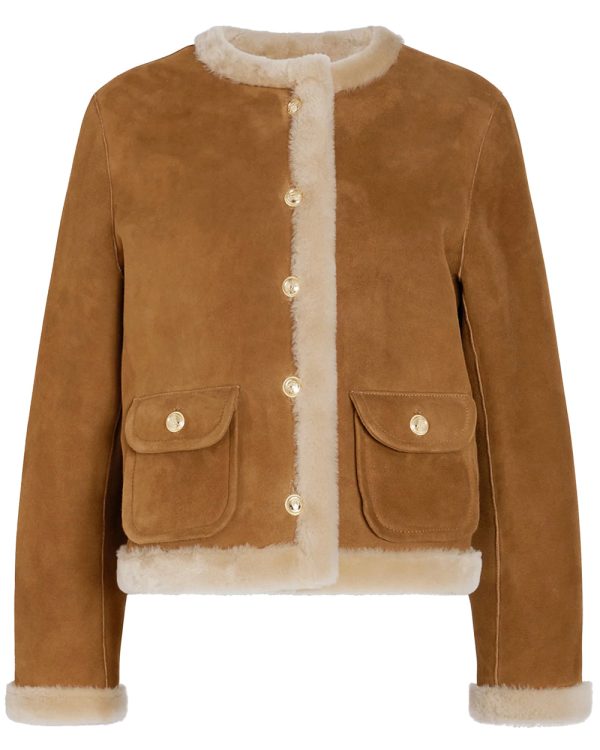 Beige and Cognac Carmen Shearling Jacket For Cheap