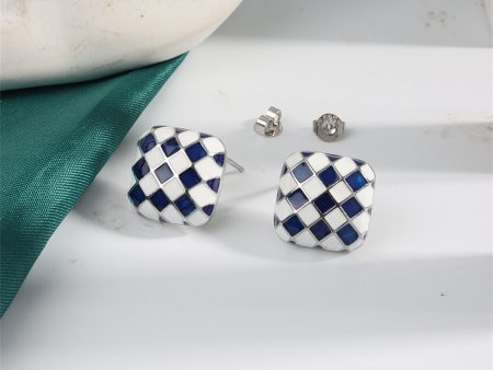 Blue & White Silver-Plated Checkerboard Square Stud Earrings Supply