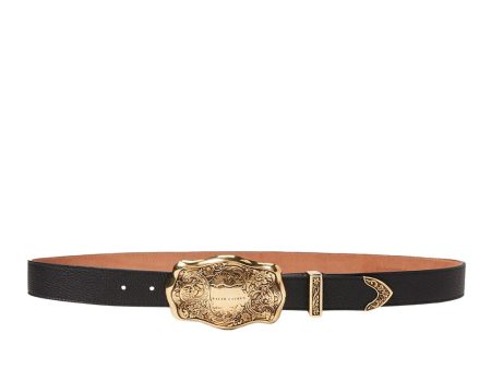 Tooled-Buckle Pebbled Calfskin Belt in Black Hot on Sale