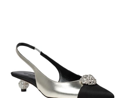 Crystal Button Laminated Leather Slingback in Silver Online Hot Sale