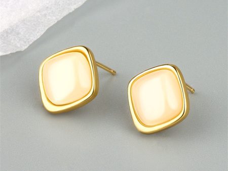 Cats Eye & 18K Gold-Plated Rhombus Stud Earrings For Cheap