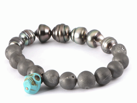 Turquoise and Pearl Skull Stretch Bracelet on Sale