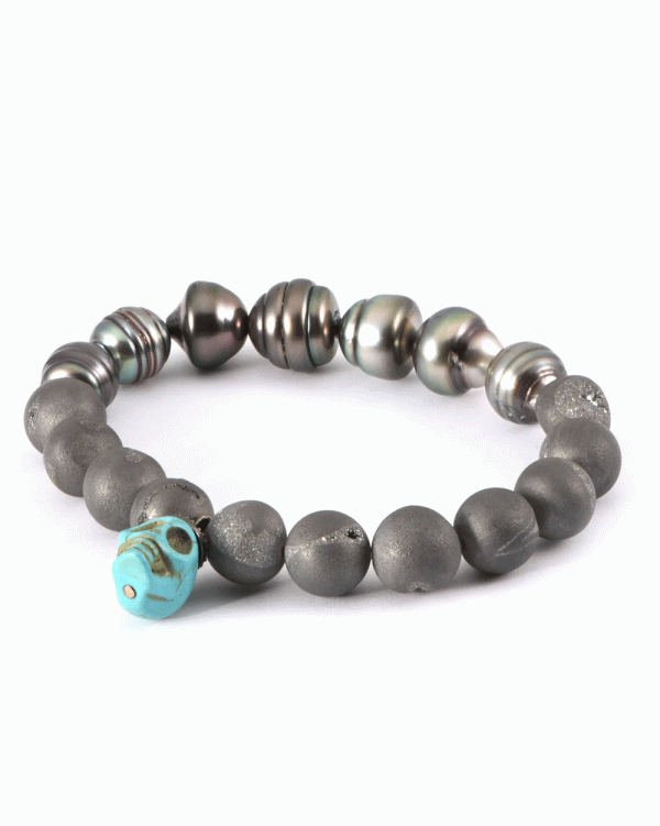 Turquoise and Pearl Skull Stretch Bracelet on Sale