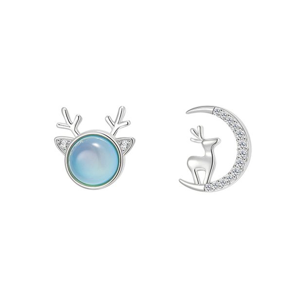 Moonstone & Silver-Plated Deer & Moon Mismatched Stud Earrings Fashion